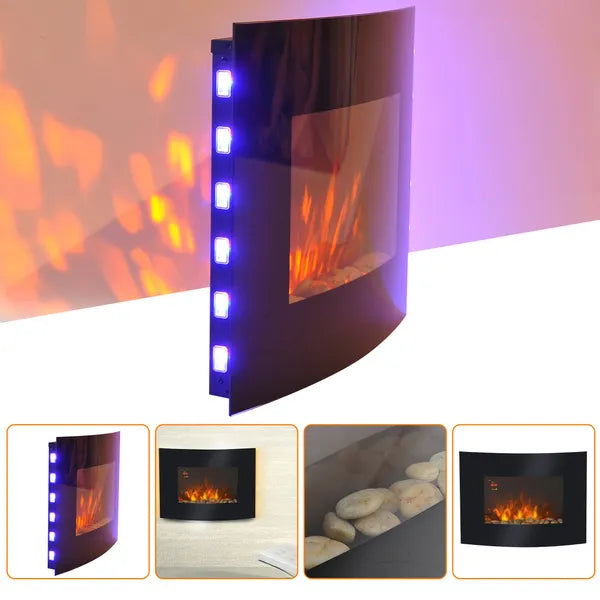 LED Curved Glass Electric Wall Mounted Heater Fire Place, 900/1800W