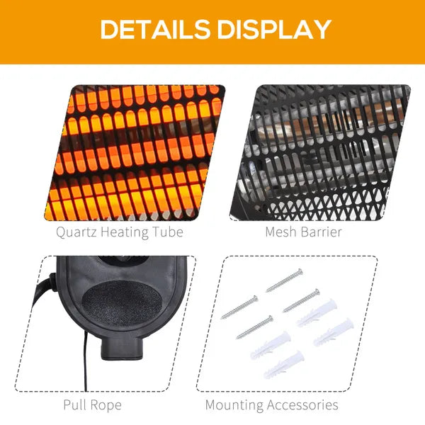 Outdoor Living Garden 2kw Wall Mounted Electric Heating Infrared Patio Heater Warmer Aluminium Tilt Angle Waterproof