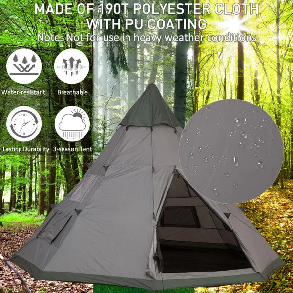 Outsunny 6 Men Teepee Tent Camping Family Tent W/ Mesh Windows Zipped Door Carry Bag Outdoors