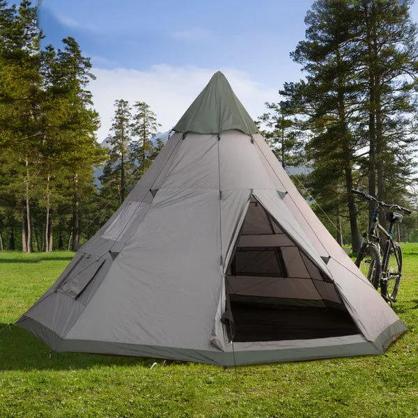 Outsunny 6 Men Teepee Tent Camping Family Tent W/ Mesh Windows Zipped Door Carry Bag Outdoors