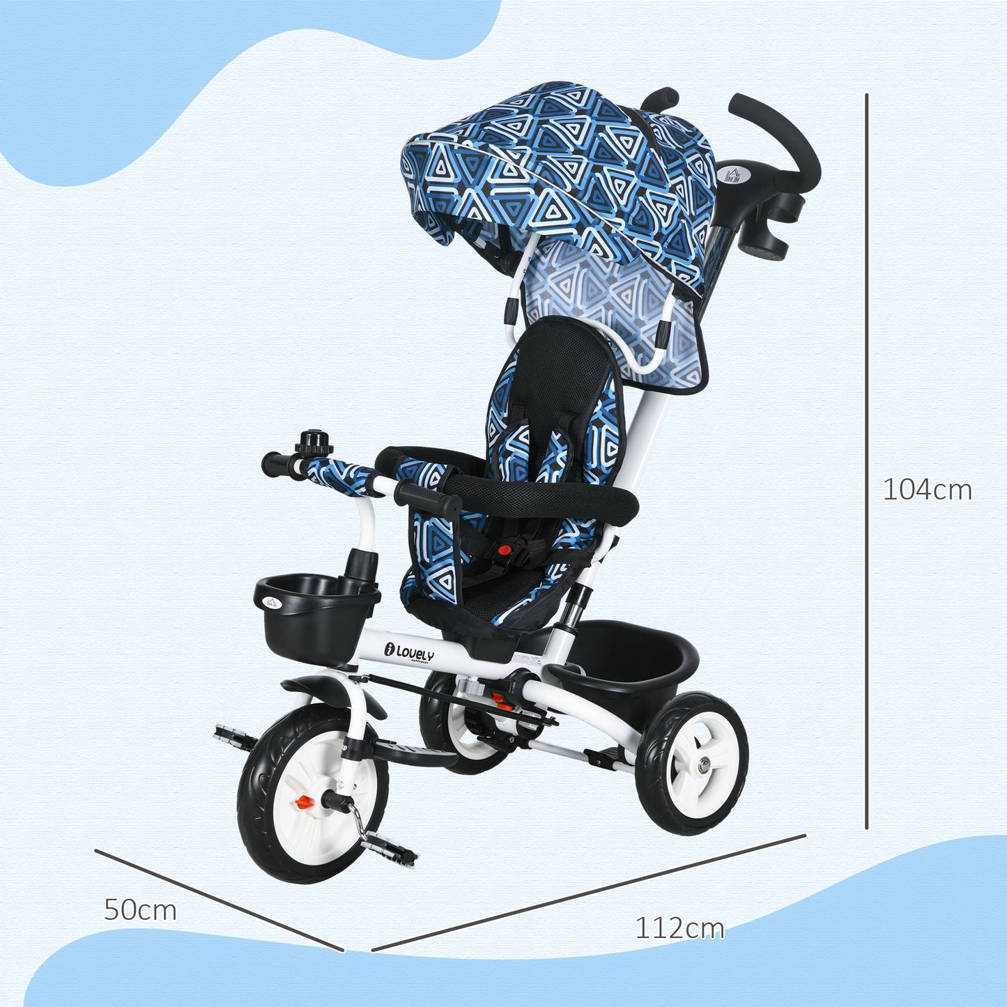 Metal Frame 4 in 1 Baby Push Tricycle with Parent Handle for 1-5 Years Old, Light Blue