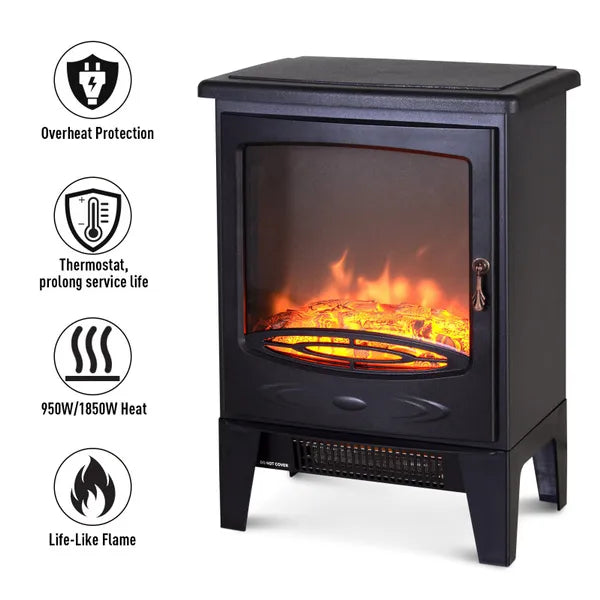 Elegant Electric Heater Freestanding Fireplace Artificial Flame Effect W/ Safety Thermostat 950W/1850W Tempered Glass Casing