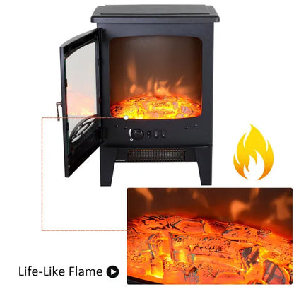 Elegant Electric Heater Freestanding Fireplace Artificial Flame Effect W/ Safety Thermostat 950W/1850W Tempered Glass Casing