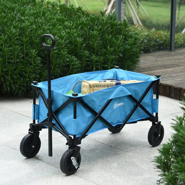 Outsunny Collapsible Folding Outdoor Garden Storage Trolley Cart W/ Telescopic Handle & Brakes Blue