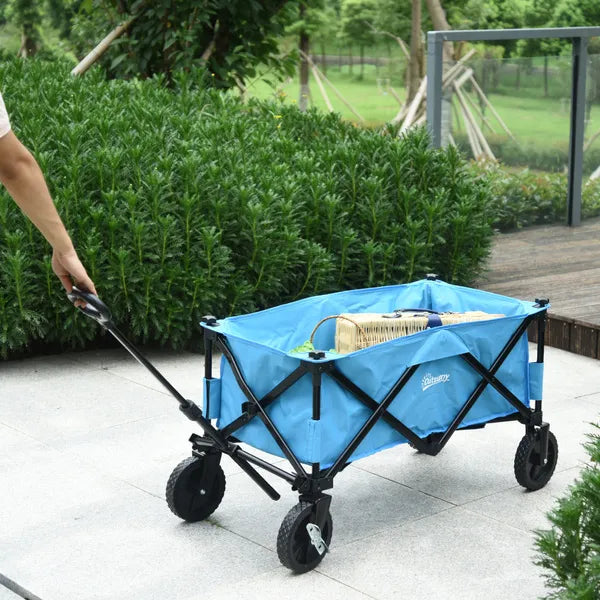 Outsunny Collapsible Folding Outdoor Garden Storage Trolley Cart W/ Telescopic Handle & Brakes Blue