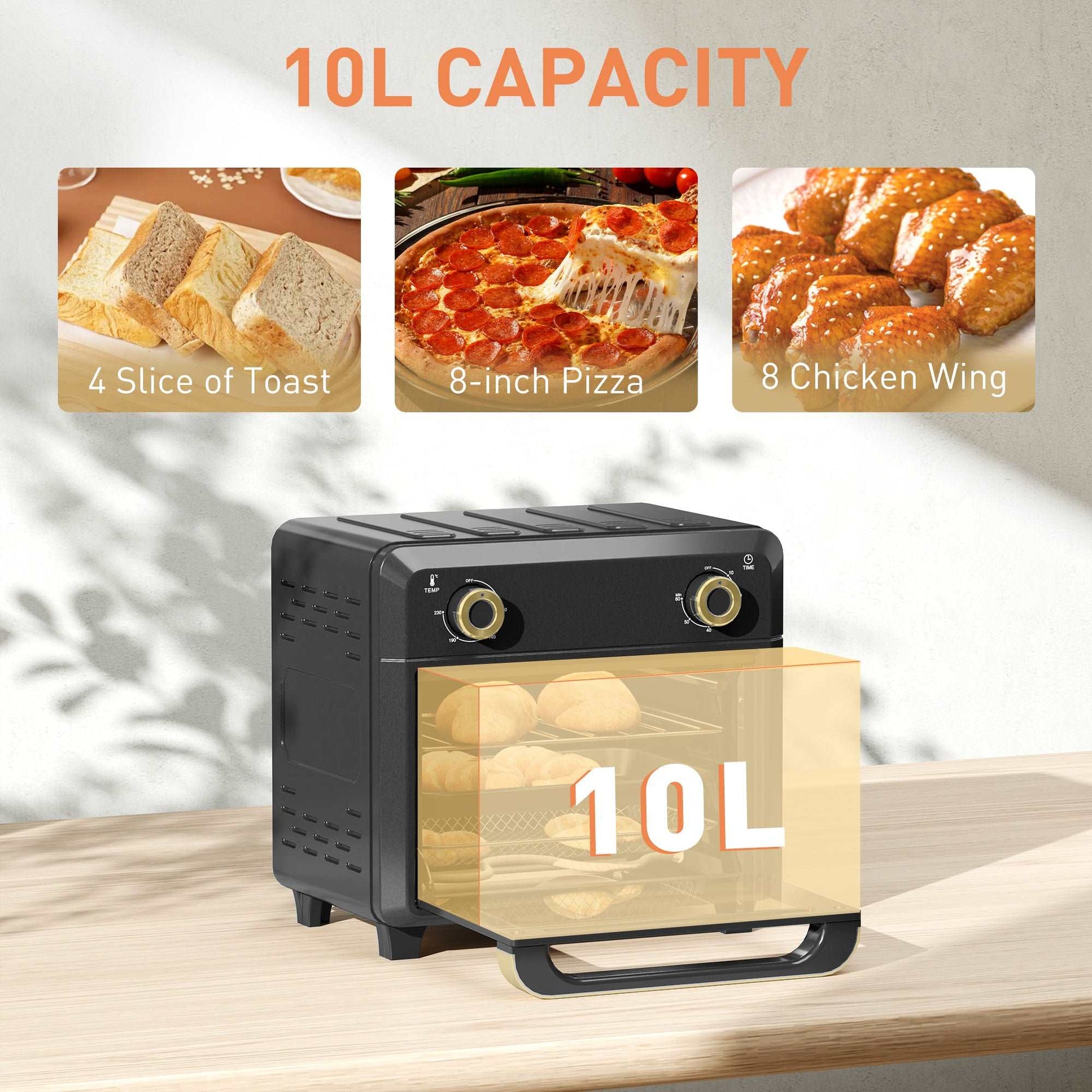 10L Air Fryer Oven, Mini Oven, Oil Free Cooking, Grill, Roast, Bake, Timer, Touch Screen, Dishwasher Safe, 1000W, Black