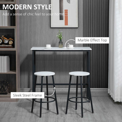 3 Piece Bar Table and Stool Set for 2 with Stools Steel Frame Footrest for Kitchen Living Room Small Space White