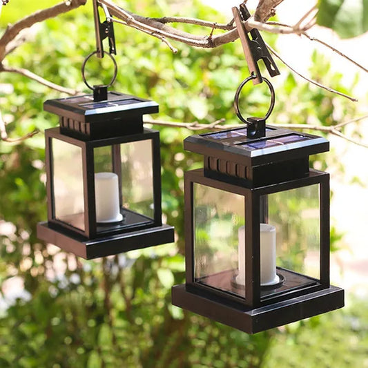 Pack Of 2 Solar Hanging Lantern Outdoor Solar Pathway Lights Candle Effect Stake Garden Patio Yard