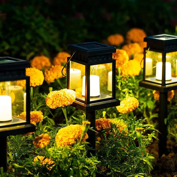 Pack Of 2 Solar Hanging Lantern Outdoor Solar Pathway Lights Candle Effect Stake Garden Patio Yard