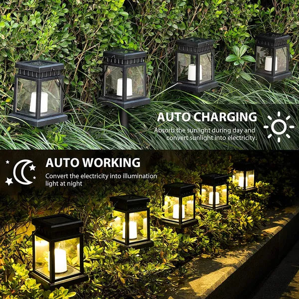 Pack Of 2 Solar Hanging Lantern Outdoor Solar Pathway Lights Candle Effect Stake Garden Patio Yard