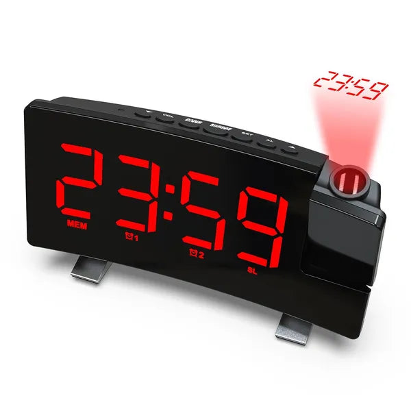 Projection Clocks FM Radio Curved Screen Digital Alarm Clock LED Display With Dimmer Dual Alarm with USB Charging Port