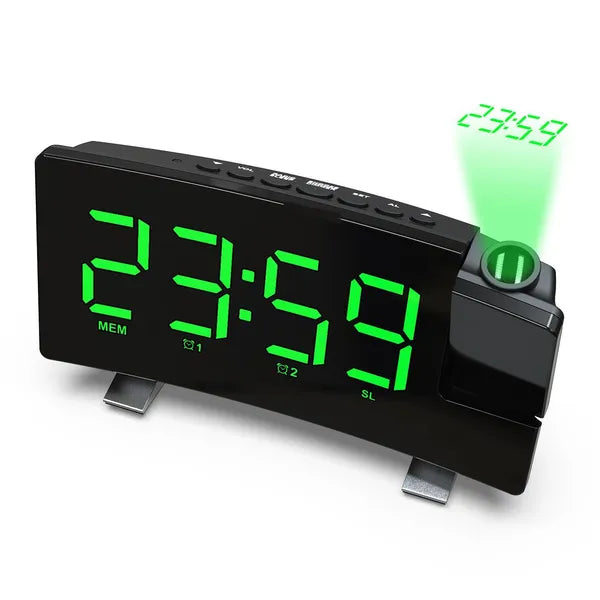 Projection Clocks FM Radio Curved Screen Digital Alarm Clock LED Display With Dimmer Dual Alarm with USB Charging Port