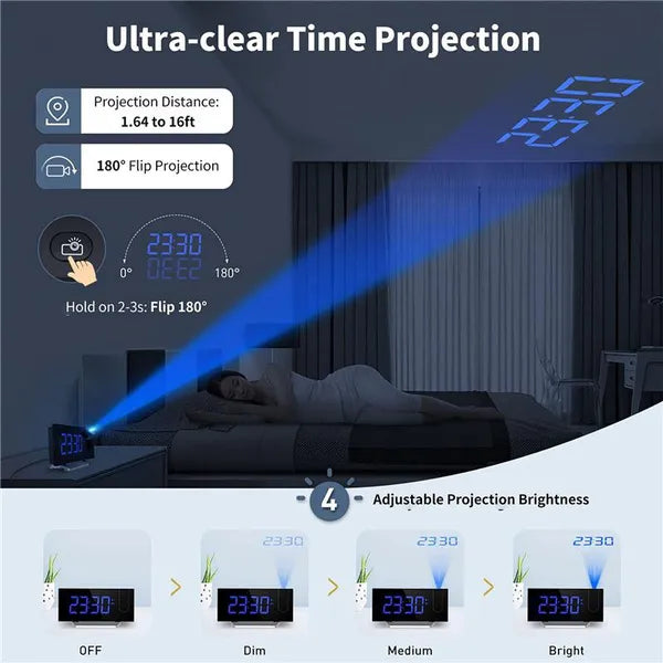 Projection Clocks FM Radio Curved Screen Digital Alarm Clock LED Display With Dimmer Dual Alarm with USB Charging Port