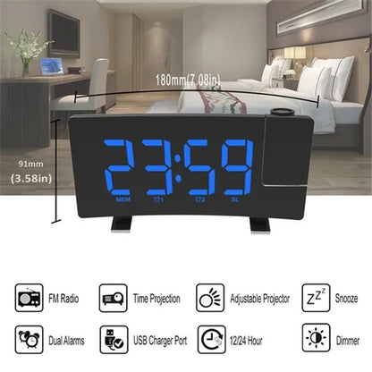 Projection Clocks FM Radio Curved Screen Digital Alarm Clock LED Display With Dimmer Dual Alarm with USB Charging Port