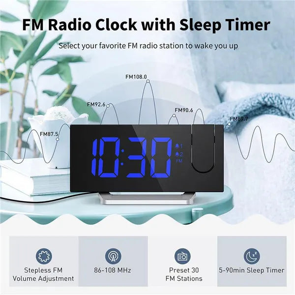 Projection Clocks FM Radio Curved Screen Digital Alarm Clock LED Display With Dimmer Dual Alarm with USB Charging Port