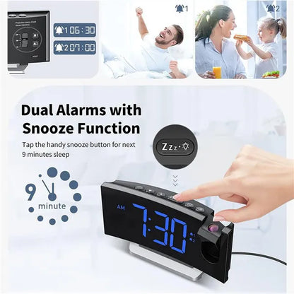 Projection Clocks FM Radio Curved Screen Digital Alarm Clock LED Display With Dimmer Dual Alarm with USB Charging Port