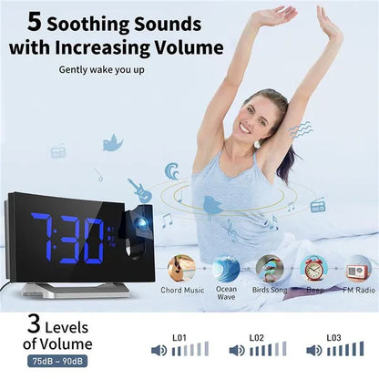 Projection Clocks FM Radio Curved Screen Digital Alarm Clock LED Display With Dimmer Dual Alarm with USB Charging Port