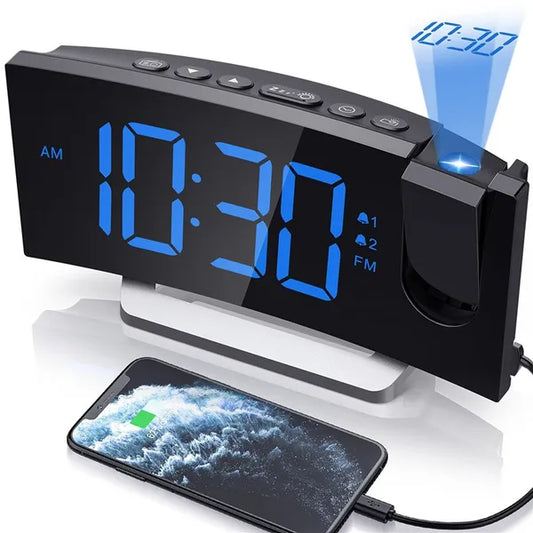 Projection Clocks FM Radio Curved Screen Digital Alarm Clock LED Display With Dimmer Dual Alarm with USB Charging Port