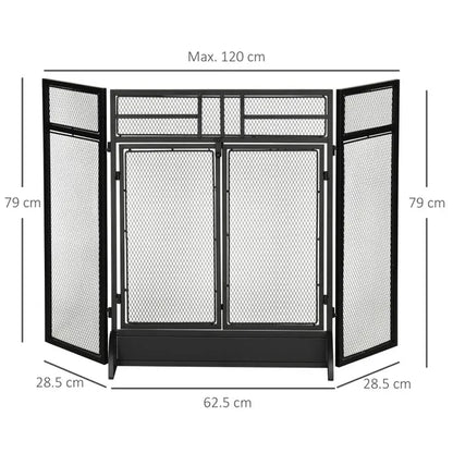 Folding Fireplace Screen with Door Freestanding Spark Guard Metal Mesh Fireguard, 3 Panel Black