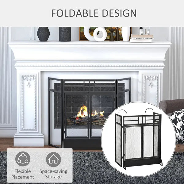 Folding Fireplace Screen with Door Freestanding Spark Guard Metal Mesh Fireguard, 3 Panel Black