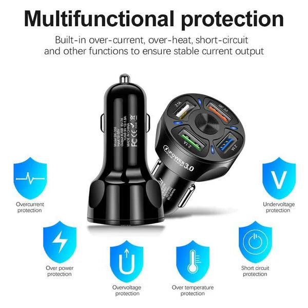 4-Port 65W USB Car Charger 3.0 Fast Mobile Phone Charger Adapter Compatible With iPhone Android Mobile