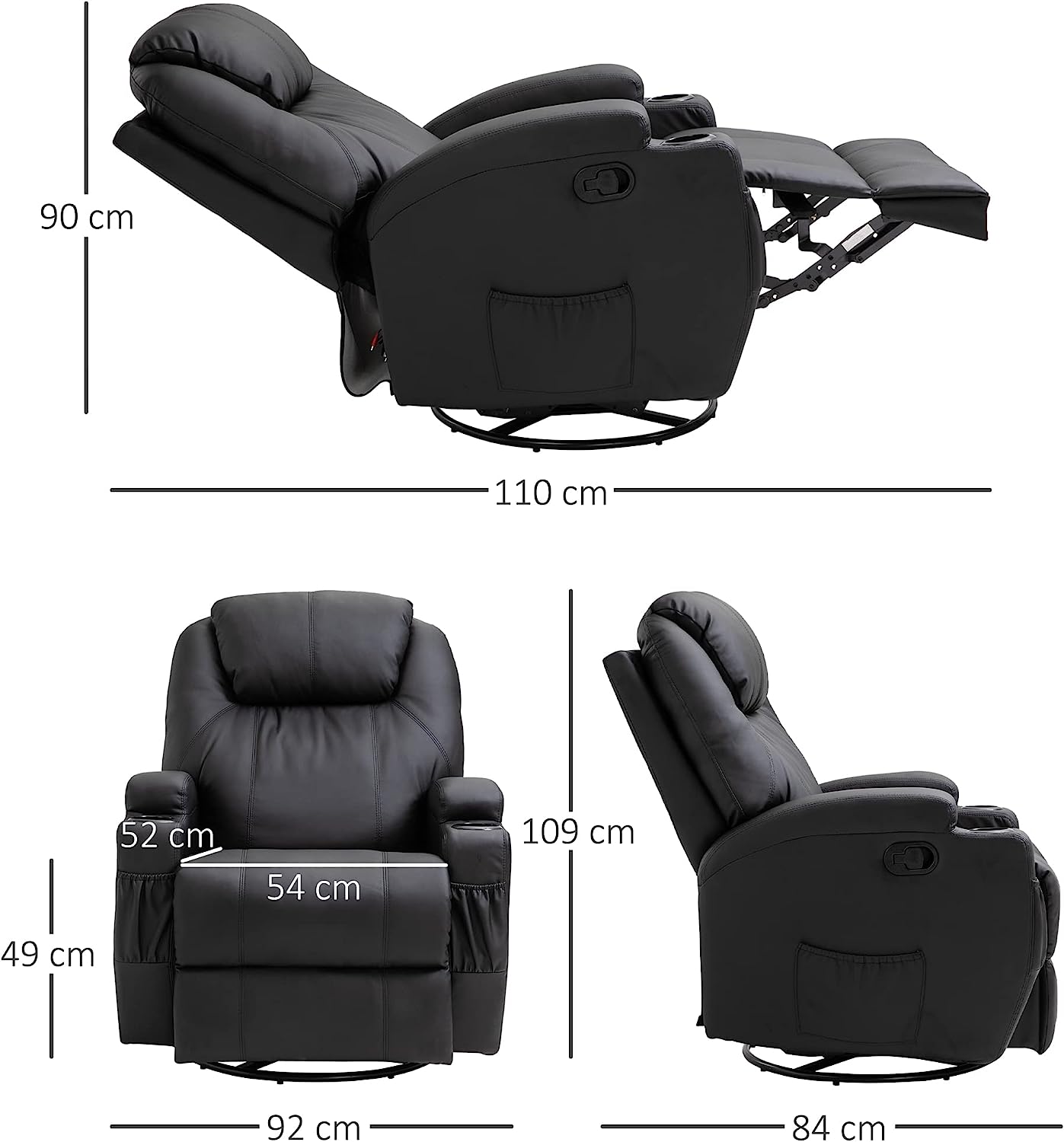 Recliner Sofa  PU Leather Armchair Cinema Massage Chair Swivel Nursing Gaming Chair Black