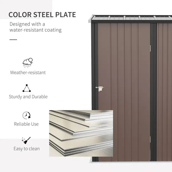 Outdoor 5 X 3 Ft Metal Garden Storage Shed Patio Corrugated Steel Roofed Tool Shed with Single Lockable Door, Brown