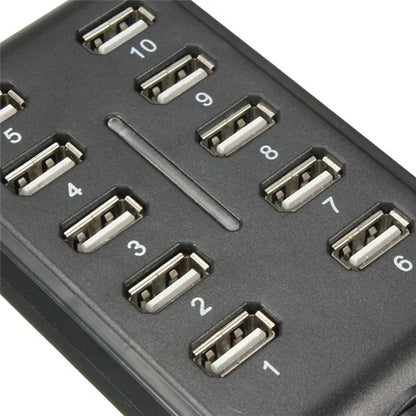 Portable Double Row Ten Port USB HUB Docking Station General Purpose Work, Home, With Switch. ABS Plastic - Black