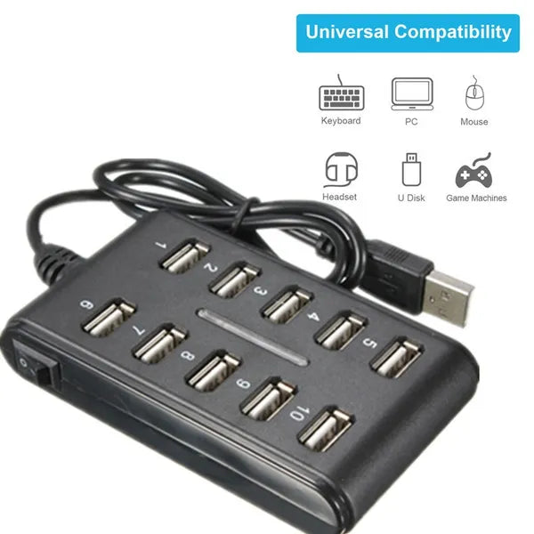 Portable Double Row Ten Port USB HUB Docking Station General Purpose Work, Home, With Switch. ABS Plastic - Black