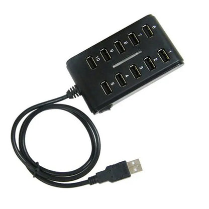 Portable Double Row Ten Port USB HUB Docking Station General Purpose Work, Home, With Switch. ABS Plastic - Black