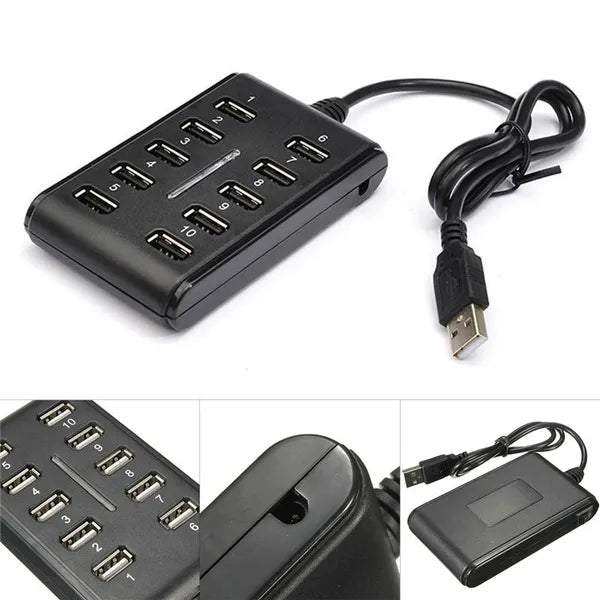 Portable Double Row Ten Port USB HUB Docking Station General Purpose Work, Home, With Switch. ABS Plastic - Black