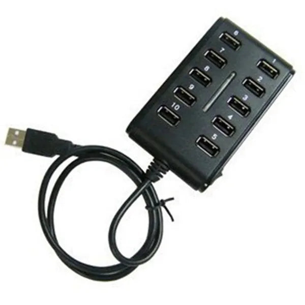 Portable Double Row Ten Port USB HUB Docking Station General Purpose Work, Home, With Switch. ABS Plastic - Black