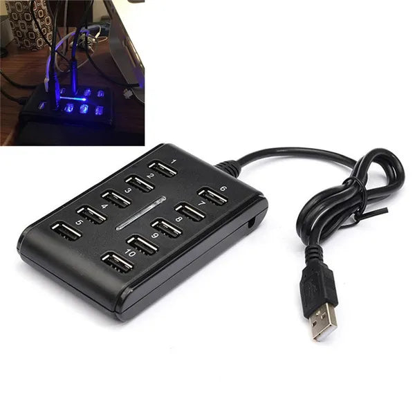 Portable Double Row Ten Port USB HUB Docking Station General Purpose Work, Home, With Switch. ABS Plastic - Black