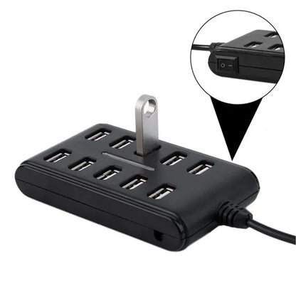 Portable Double Row Ten Port USB HUB Docking Station General Purpose Work, Home, With Switch. ABS Plastic - Black