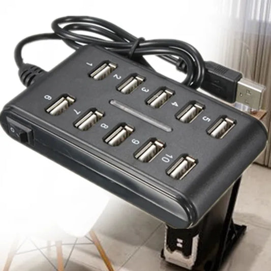 Portable Double Row Ten Port USB HUB Docking Station General Purpose Work, Home, With Switch. ABS Plastic - Black