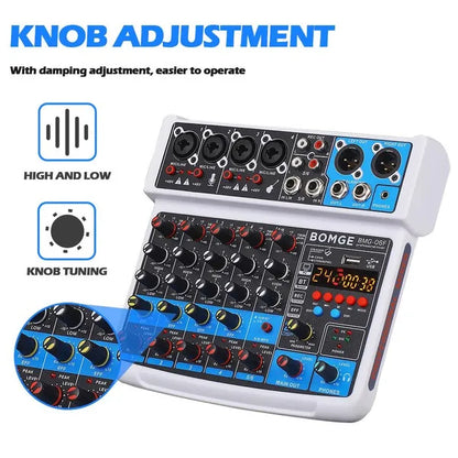 BOMGE 6 Channel Mini DJ Audio Sound Mixer Interface With MP3 USB Bluetooth Stereo Recording 48V Phantom Power 24 DSP