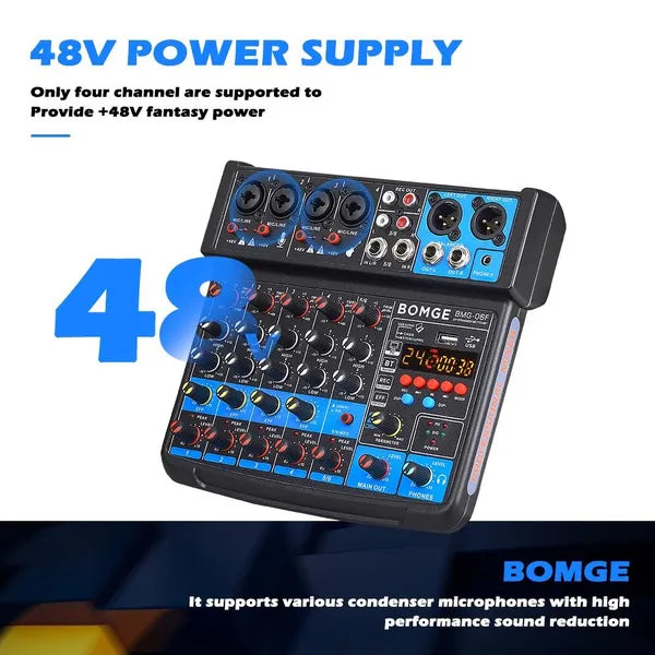 BOMGE 6 Channel Mini DJ Audio Sound Mixer Interface With MP3 USB Bluetooth Stereo Recording 48V Phantom Power 24 DSP