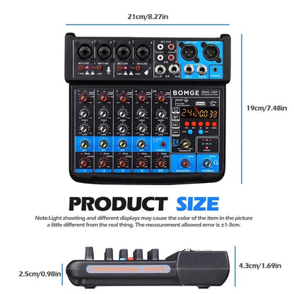 BOMGE 6 Channel Mini DJ Audio Sound Mixer Interface With MP3 USB Bluetooth Stereo Recording 48V Phantom Power 24 DSP