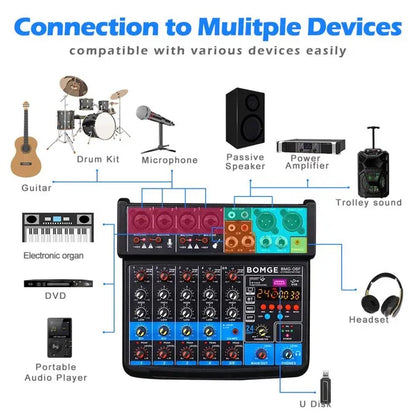 BOMGE 6 Channel Mini DJ Audio Sound Mixer Interface With MP3 USB Bluetooth Stereo Recording 48V Phantom Power 24 DSP