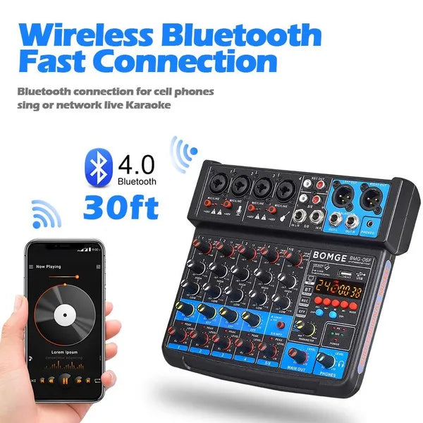 BOMGE 6 Channel Mini DJ Audio Sound Mixer Interface With MP3 USB Bluetooth Stereo Recording 48V Phantom Power 24 DSP