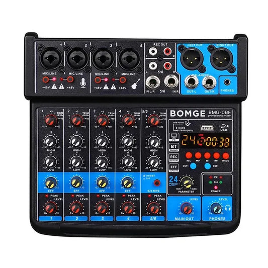 BOMGE 6 Channel Mini DJ Audio Sound Mixer Interface With MP3 USB Bluetooth Stereo Recording 48V Phantom Power 24 DSP