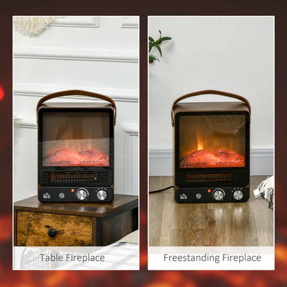 Tabletop Electric Fireplace with Handle, Freestanding Heater Realistic Flame Effect, Overheat Protection 750W/1500W Dark Walnut