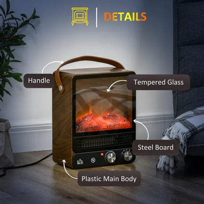 Tabletop Electric Fireplace with Handle, Freestanding Heater Realistic Flame Effect, Overheat Protection 750W/1500W Dark Walnut