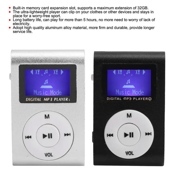 Portable Retro Old School Style MP3 Music Player Mini Clip-Type With LCD Screen Includes 32GB Memory Card