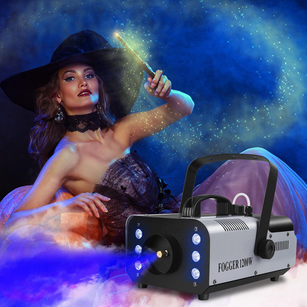 1200W Smoke Machine Fog Machine Stage Haze Effect W/ RGB 6 LEDS Lighting for Play Theater Professional Stage Home Entertainment Halloween Party DJ Nightclub Wedding