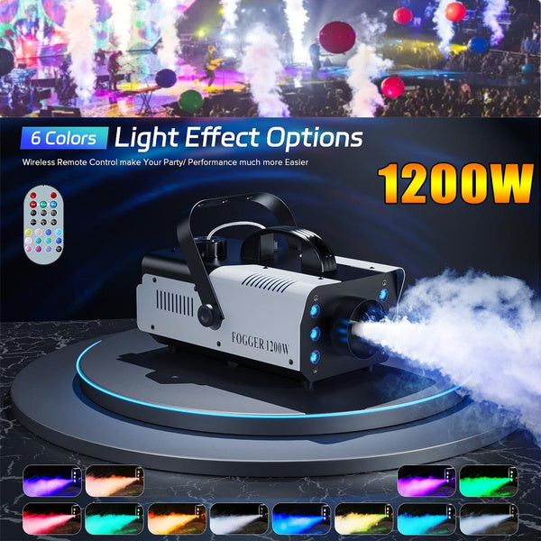 1200W Smoke Machine Fog Machine Stage Haze Effect W/ RGB 6 LEDS Lighting for Play Theater Professional Stage Home Entertainment Halloween Party DJ Nightclub Wedding