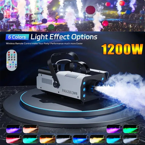 Fog Machine, 1200W Smoke Machine with 6 LED Lights, Wireless Remote Control For Halloween Parties Decoration Holiday Events Raves Clubs