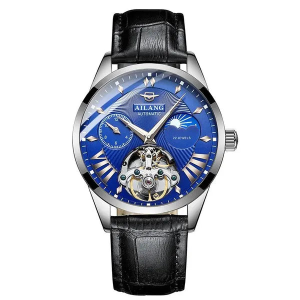 AILANG Tourbillon Mens Blue Watch Automatic Swiss Luminous Waterproof Mechanical Steampunk Clock with Gift Box