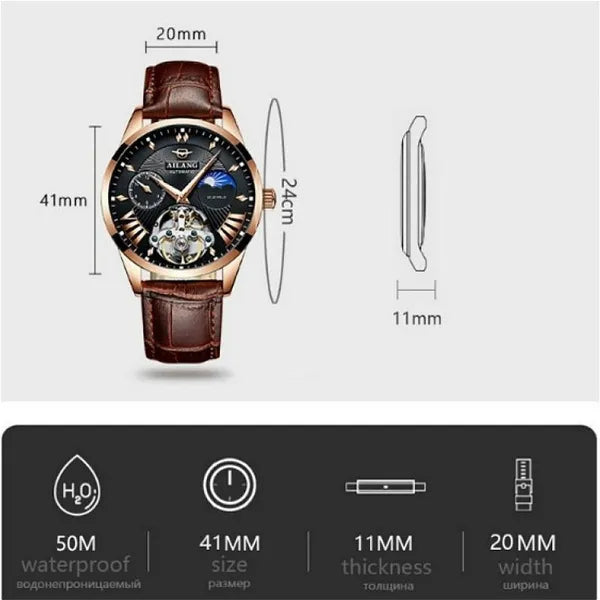 AILANG Tourbillon Mens Blue Watch Automatic Swiss Luminous Waterproof Mechanical Steampunk Clock with Gift Box