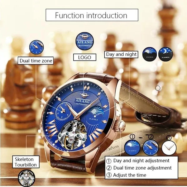 AILANG Tourbillon Mens Blue Watch Automatic Swiss Luminous Waterproof Mechanical Steampunk Clock with Gift Box